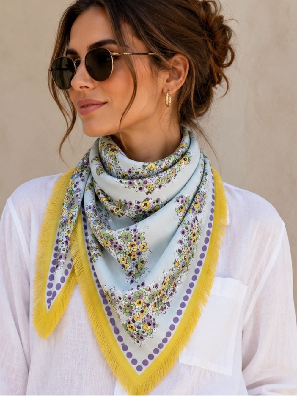 Tory Burch Silk Square Scarf Blue Yellow Floral Logo Fringe NWT Old Hollywood